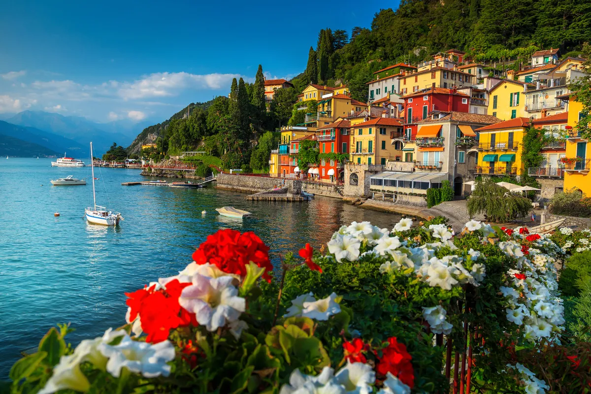 Colorful lakeside houses above a harbor with sailboats, red and white flowers in the foreground